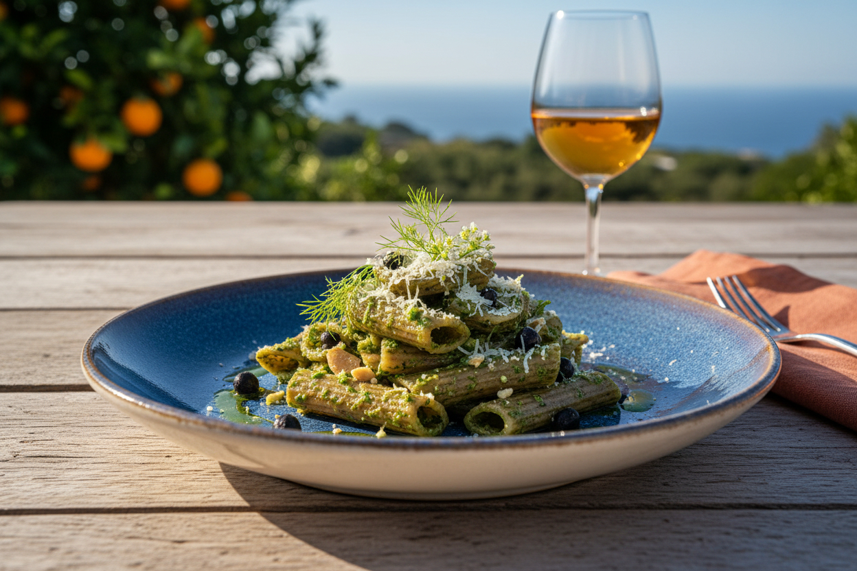 Rigatoni al Cece Nero con Pesto di Finocchietto Selvatico
